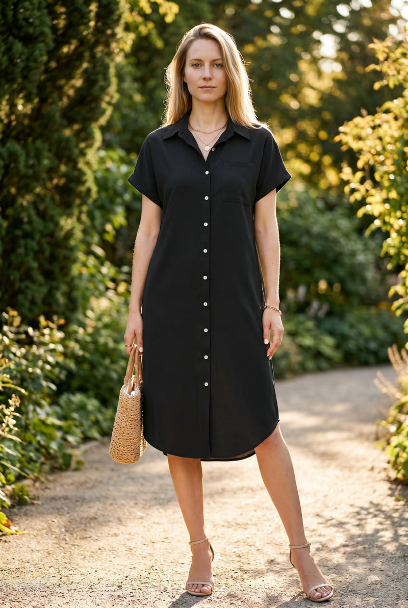 Robe midi noire boutonnée avec poche poitrine – photo 2