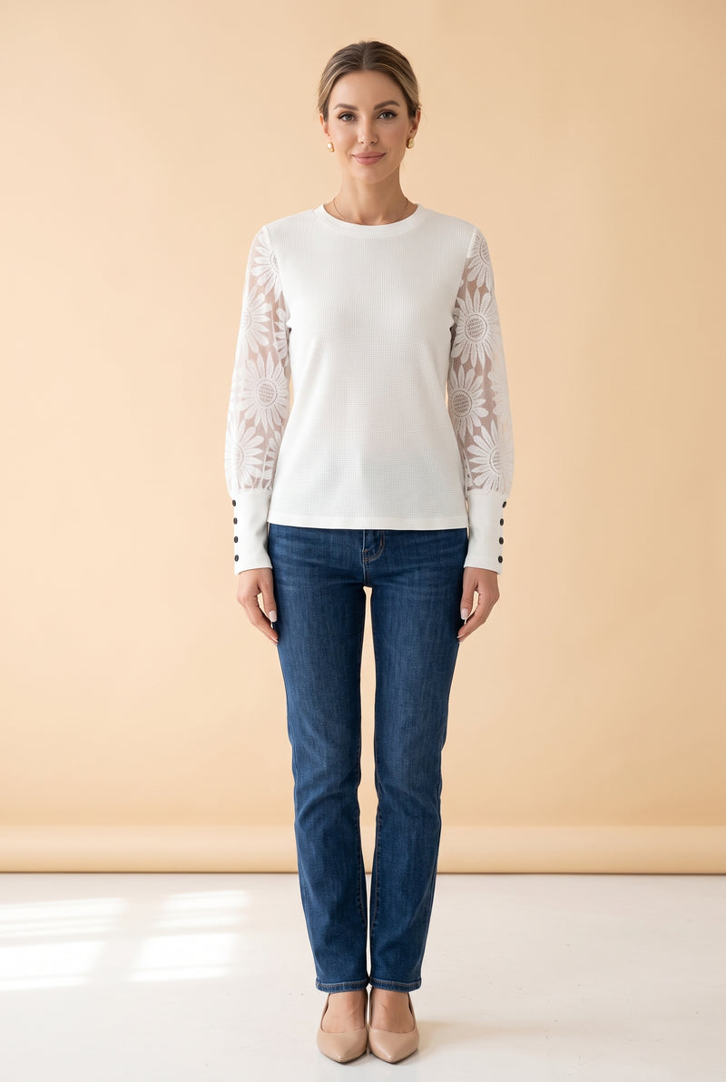 White Lace Long Sleeve Top with Waffle Body