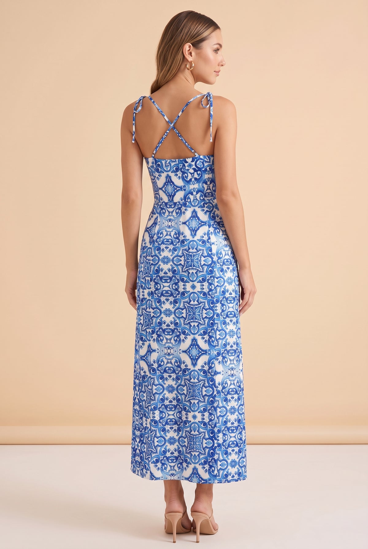 Blue Patterned Strappy Midi Dress with Slit – photo 4