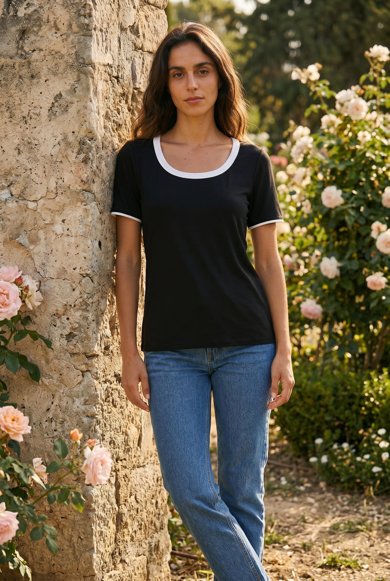 Short Sleeve Round Neck Viscose Top with Contrast Trim in black – photo 5