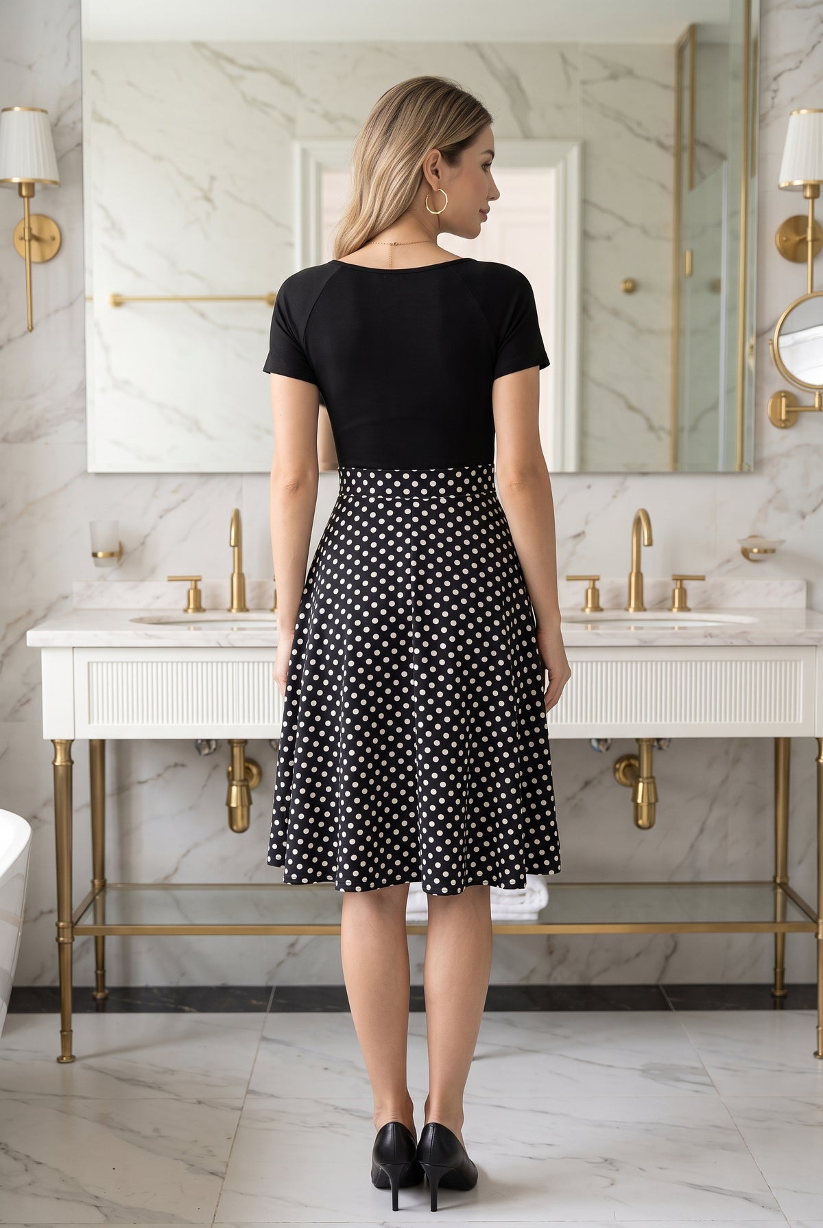 Polka Dot V-Neck A-Line Mini Dress in black – photo 4