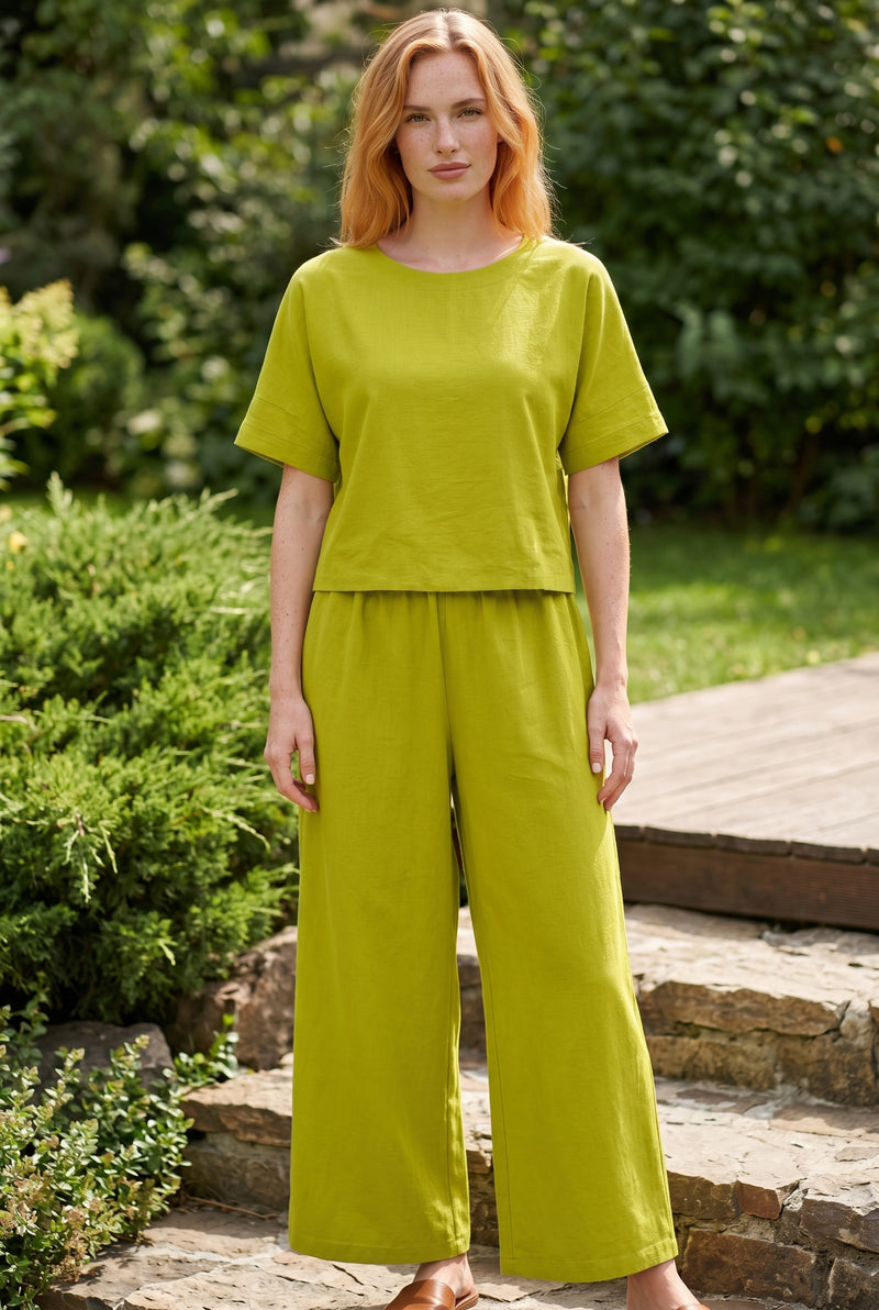 Short Sleeve Linen Co-ord Set with Wide Leg in green – photo 5