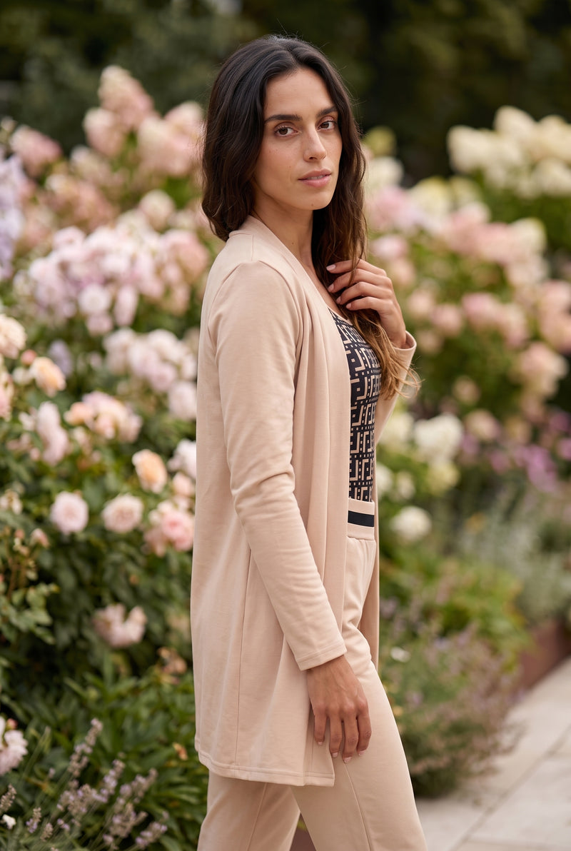 Langarm Zweiteiler in Beige mit Print-Top – Foto 2