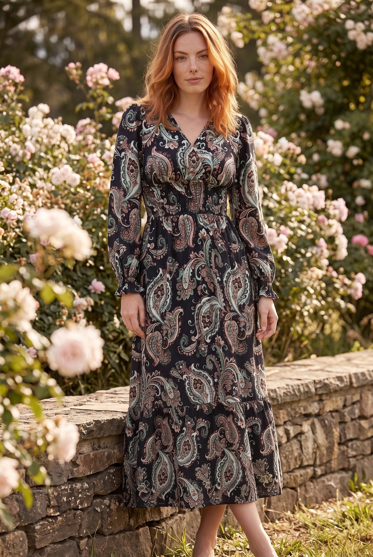 Schwarzes Maxikleid mit Muster und Wickelausschnitt