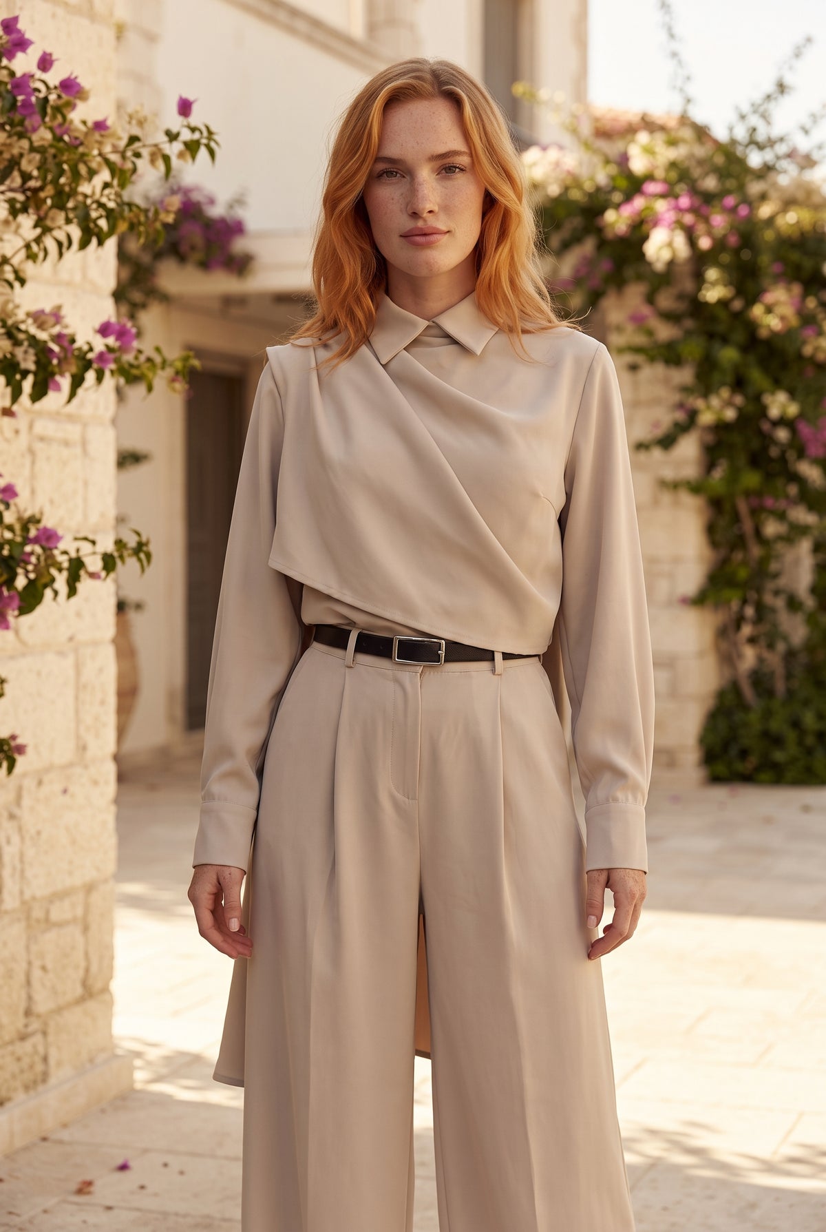 Langarm Leinen Set mit Wickeldetail in Beige – Foto 5