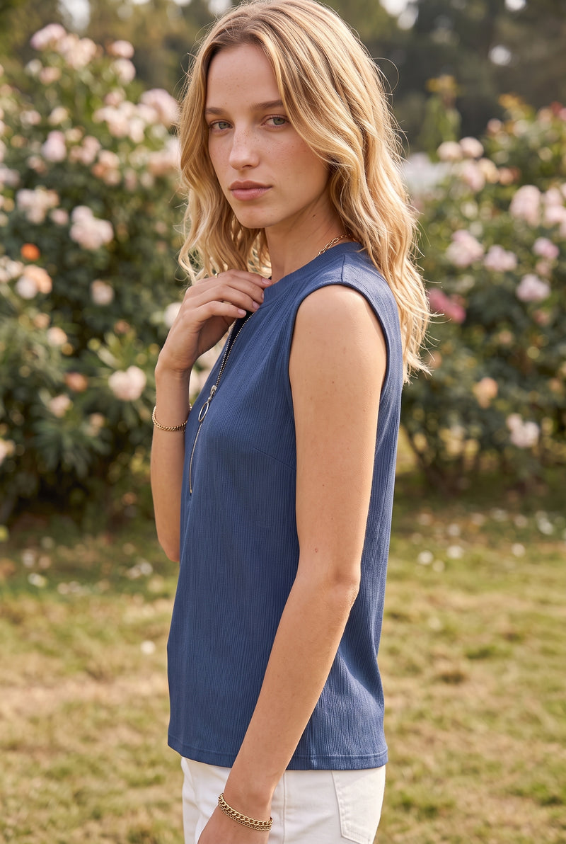 Top sans manches à col mao et zip, coloris bleu marine – photo 2