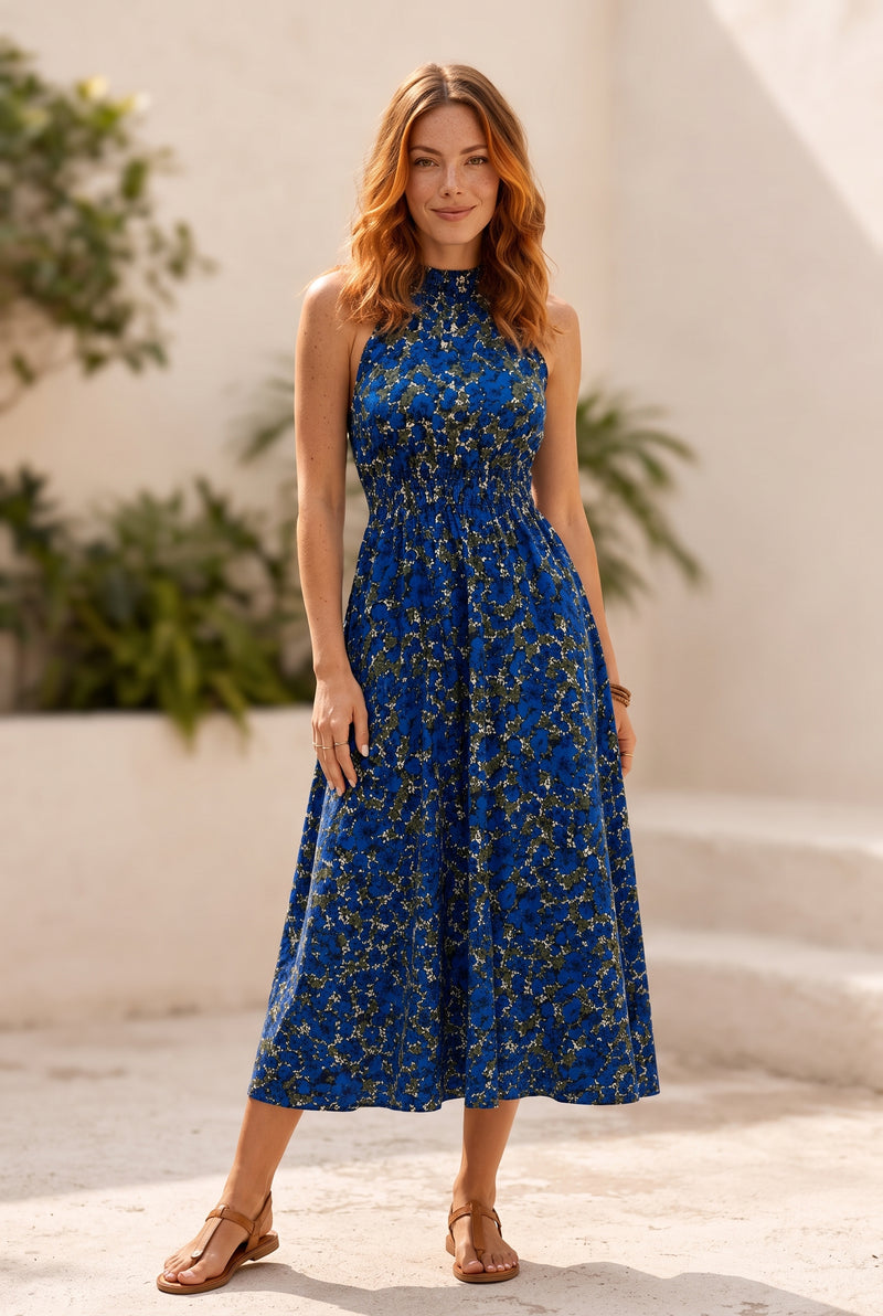 Blue Floral Halter Neck Midi Dress with Smocked Waist – photo 5