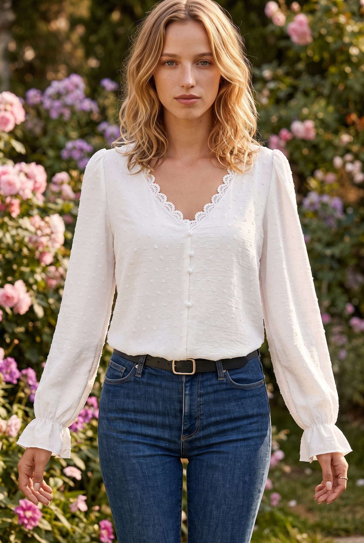 Long Sleeve V Neck Top with Lace Trim in white – photo 5