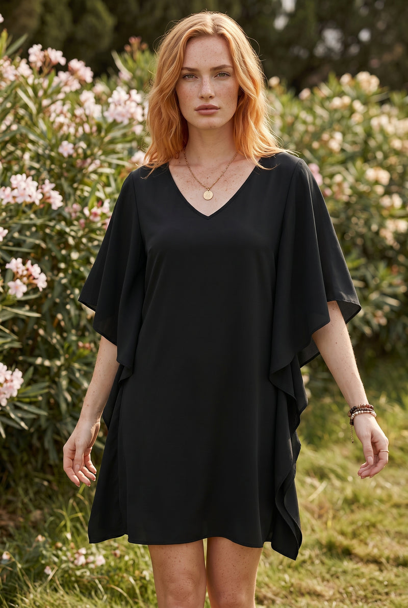 Robe courte noire à col V et manches à volants