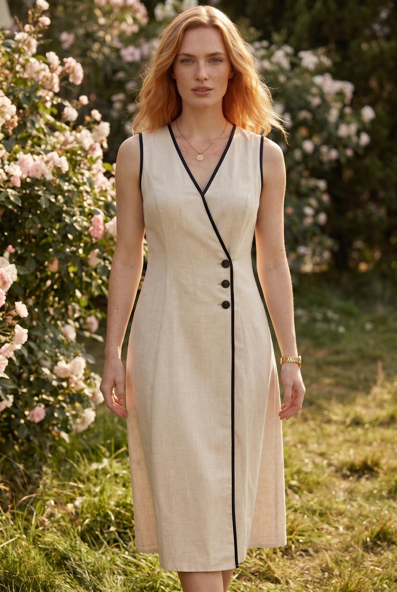 Sleeveless Linen Wrap Midi Dress with Contrast Piping in beige – photo 3