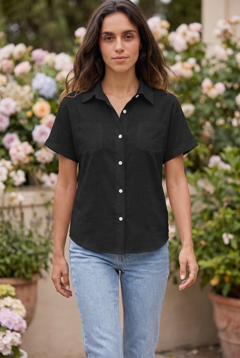 Chemise Manches Courtes Boutonnée à Poches, coloris noir – photo 3