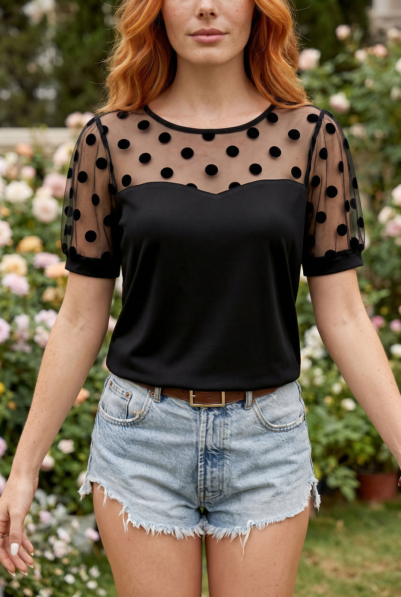 Black Polka Dot Short Sleeve Top with Sheer Yoke