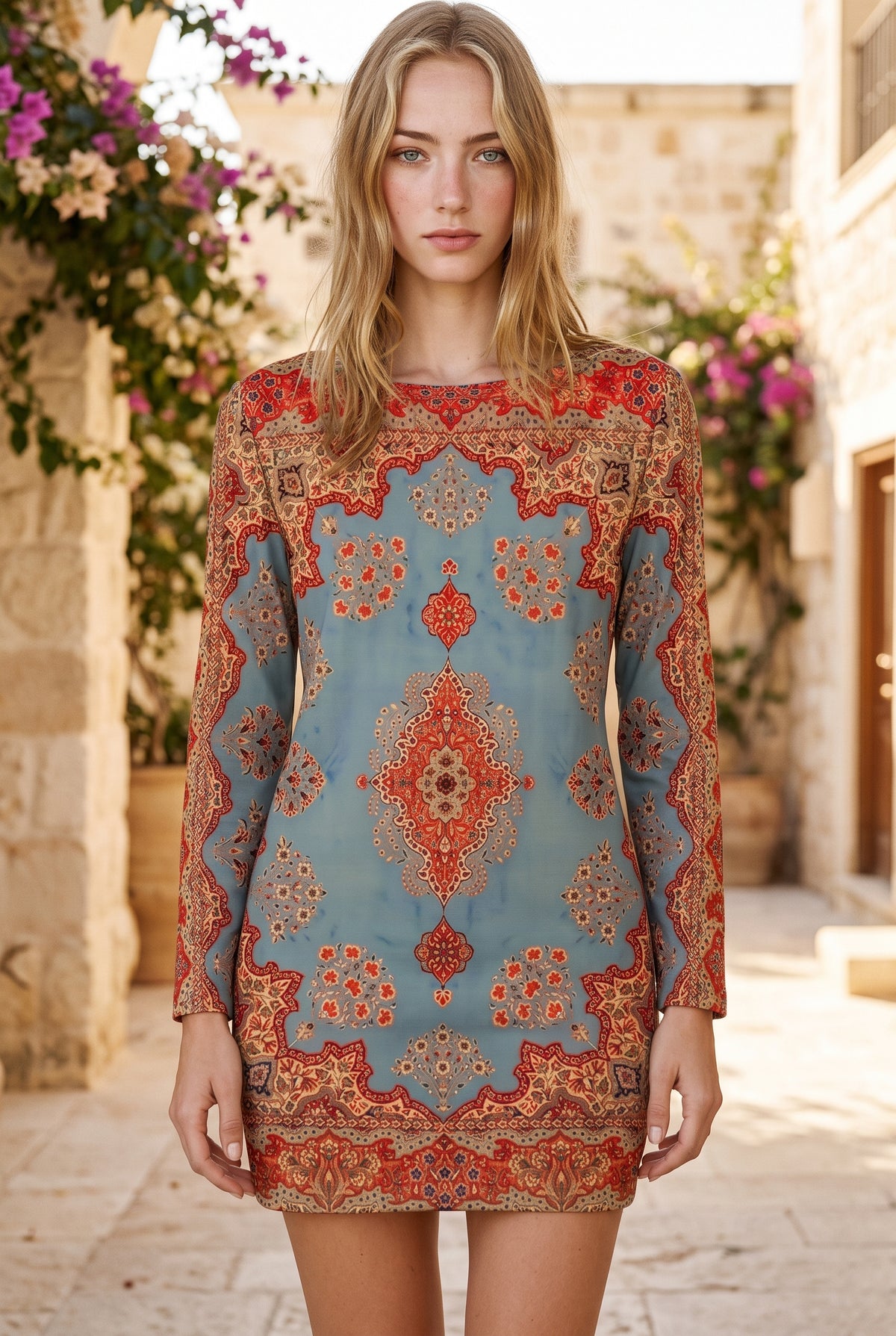 Patterned Long Sleeve Mini Dress in Crepe – photo 5