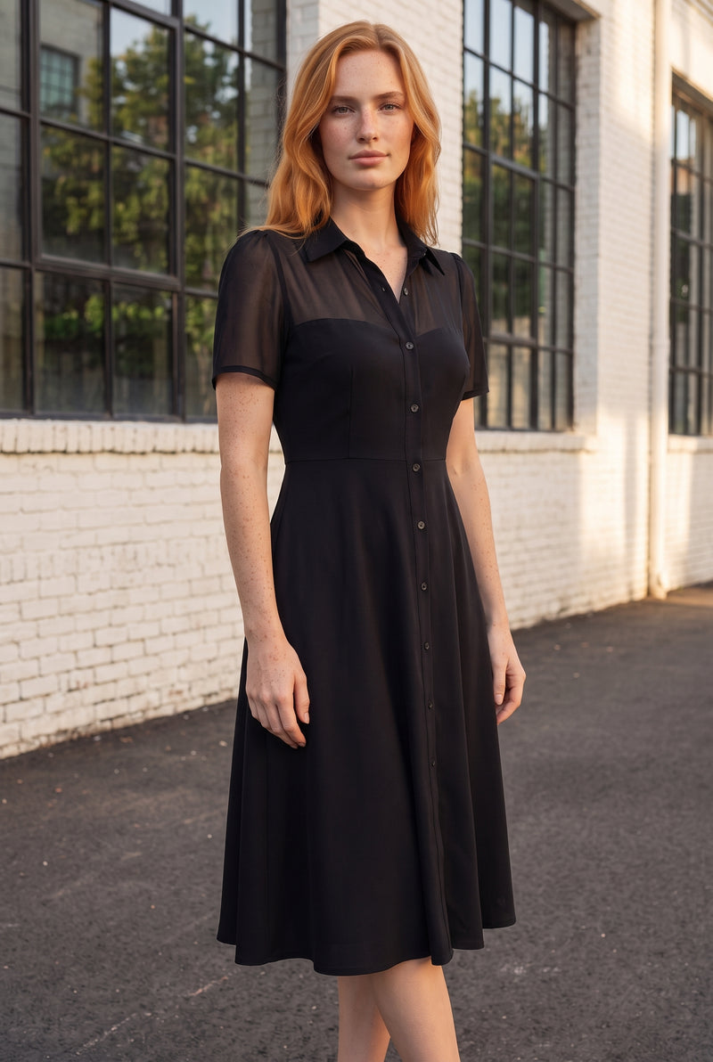 Black Midi Dress with Short Sleeves and Sheer Yoke – photo 4