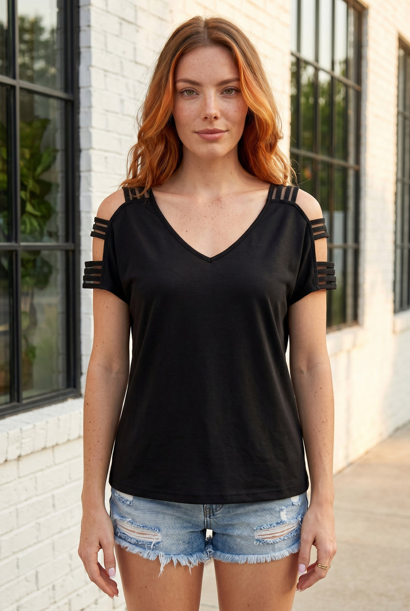 V Neck Top with Cold Shoulder Short Sleeves in black