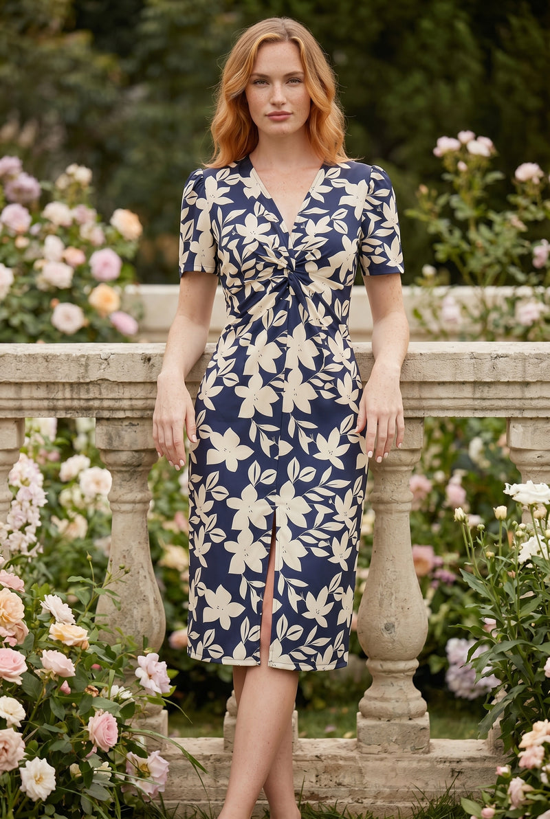Floral Short Sleeve V-Neck Satin Midi Dress in patterned