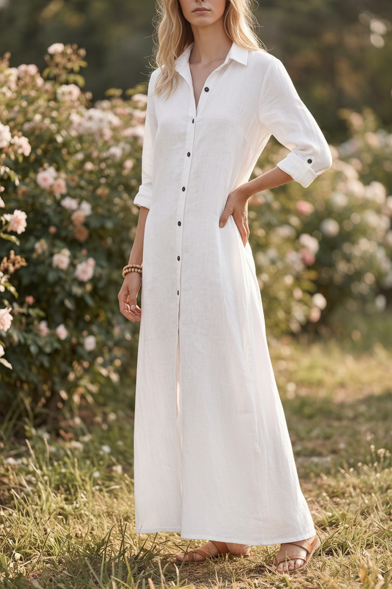 Long Sleeve Linen Maxi Dress with Button Front in white – photo 4
