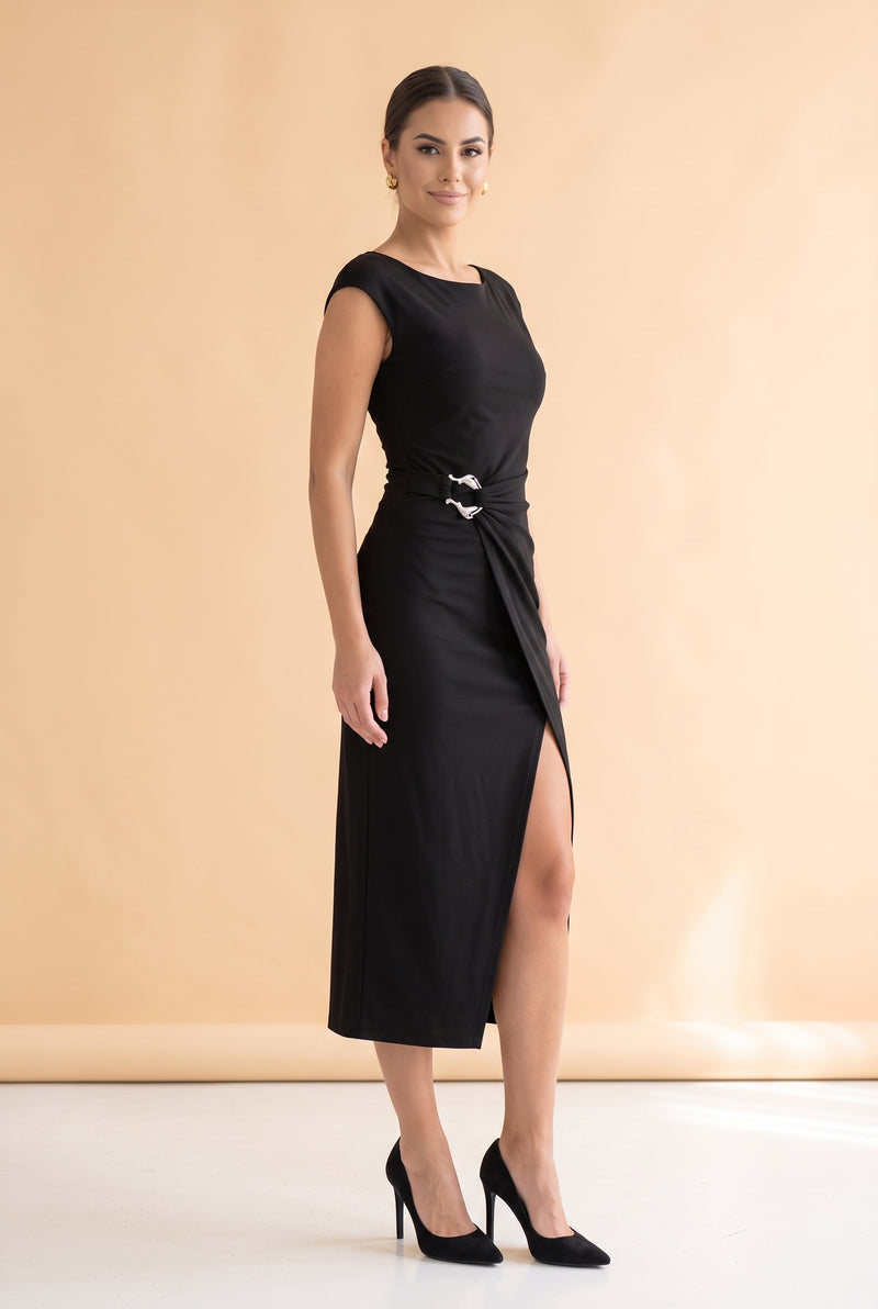 Black Midi Dress with Ruched Side and Slit – photo 3