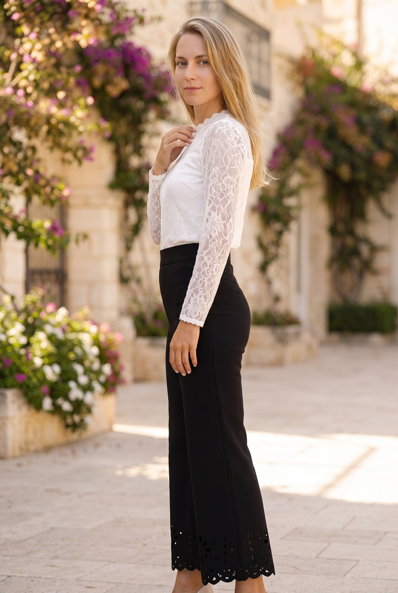 High Waisted Crepe Trousers with Laser Cut Hem in black – photo 2