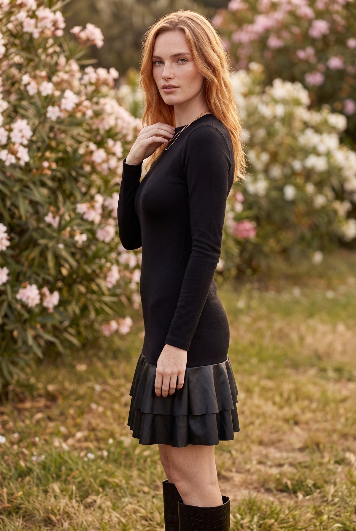 Black Long Sleeve Mini Dress with Leather Hem – photo 2