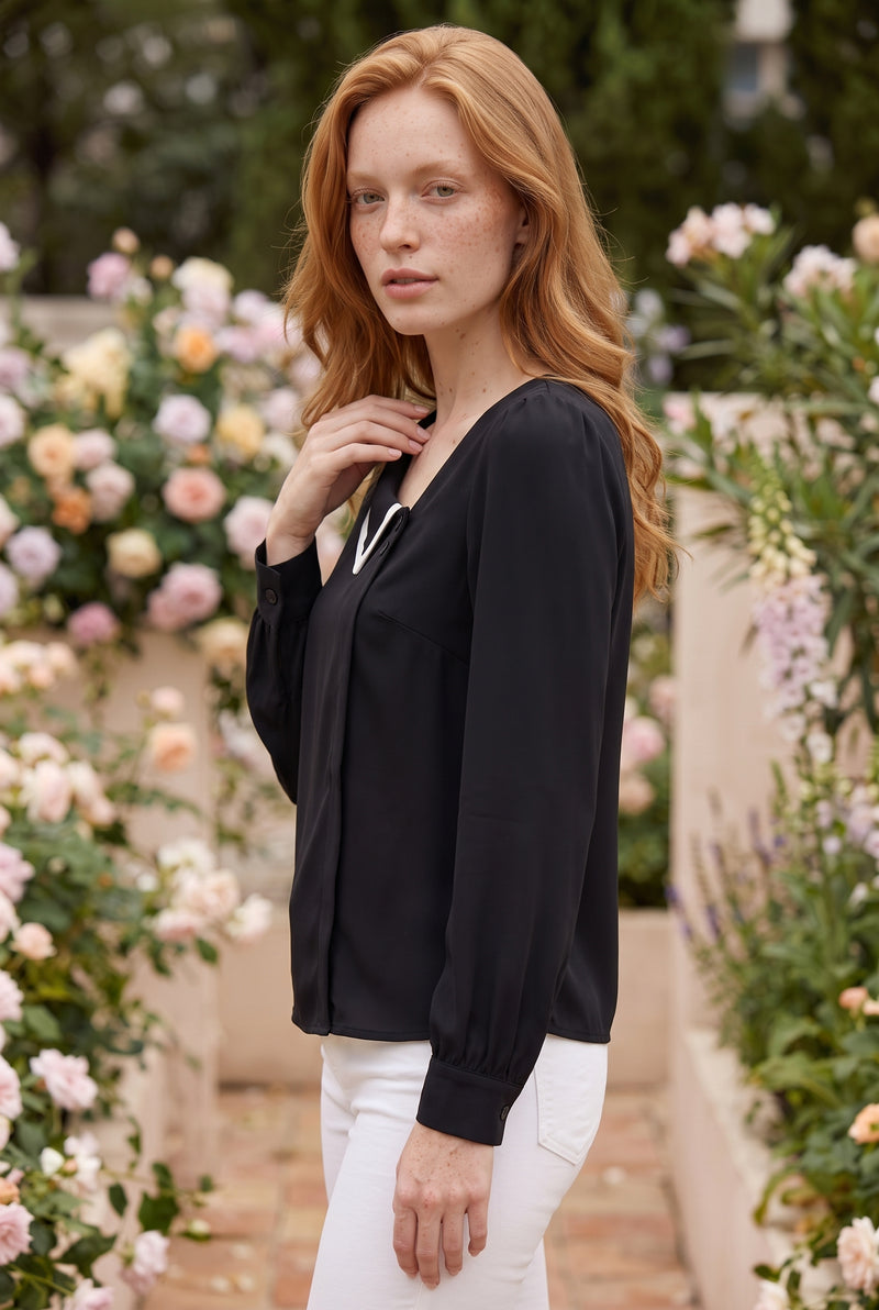 Black Long Sleeve Top with Asymmetric Collar – photo 2