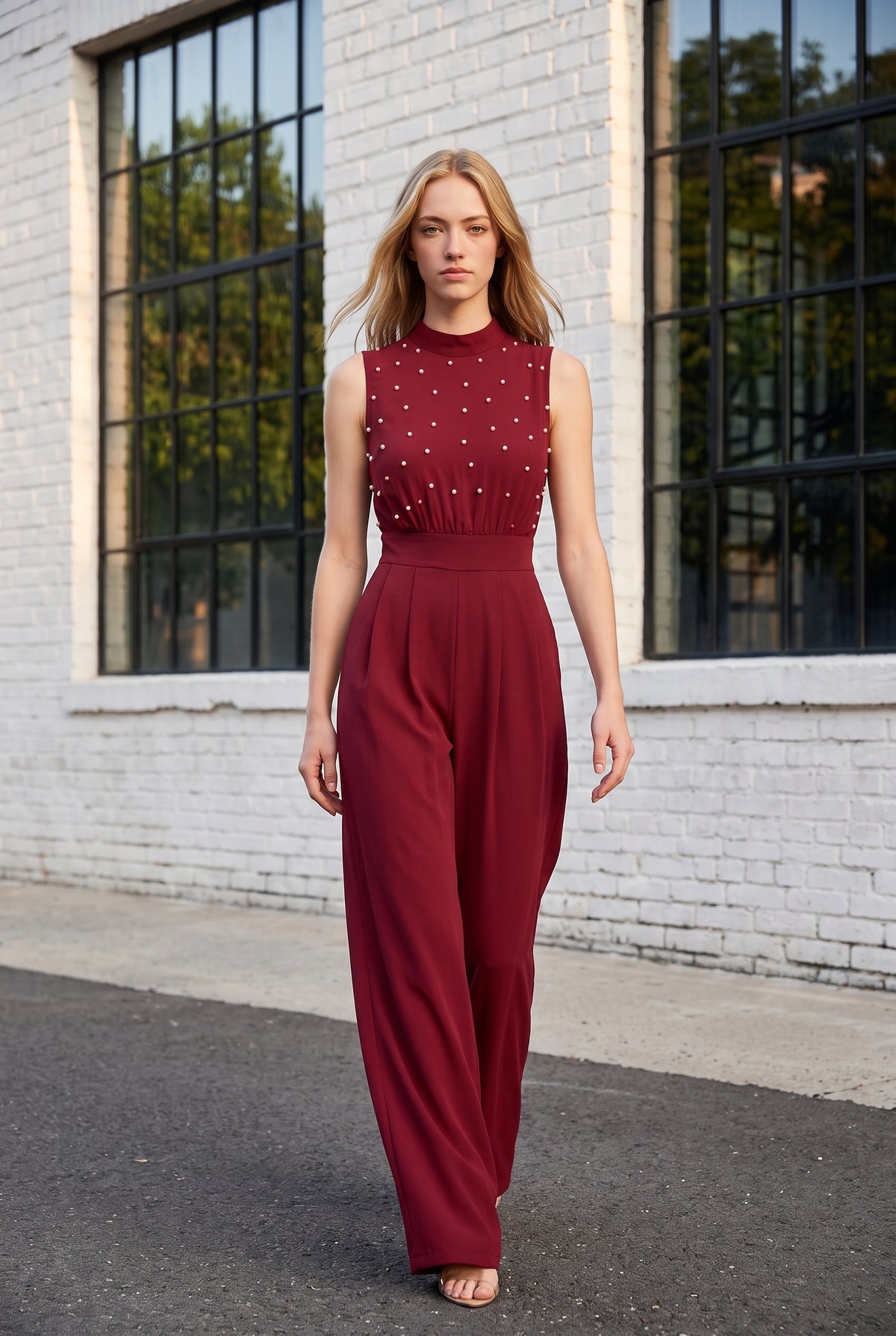Ärmelloser Rollkragen Jumpsuit mit Weitem Bein in Rot – Foto 3