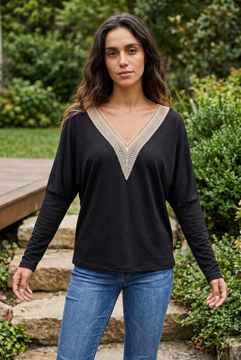 Black Long Sleeve Top with V Neck and Lace Trim – photo 5