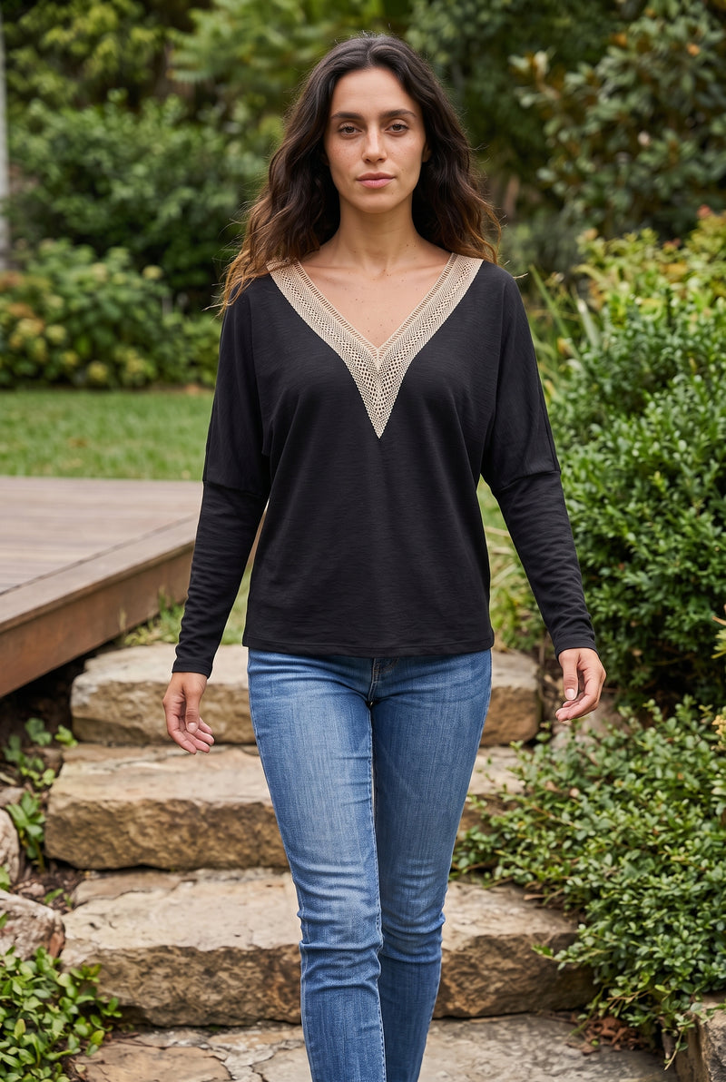 Black Long Sleeve Top with V Neck and Lace Trim – photo 3