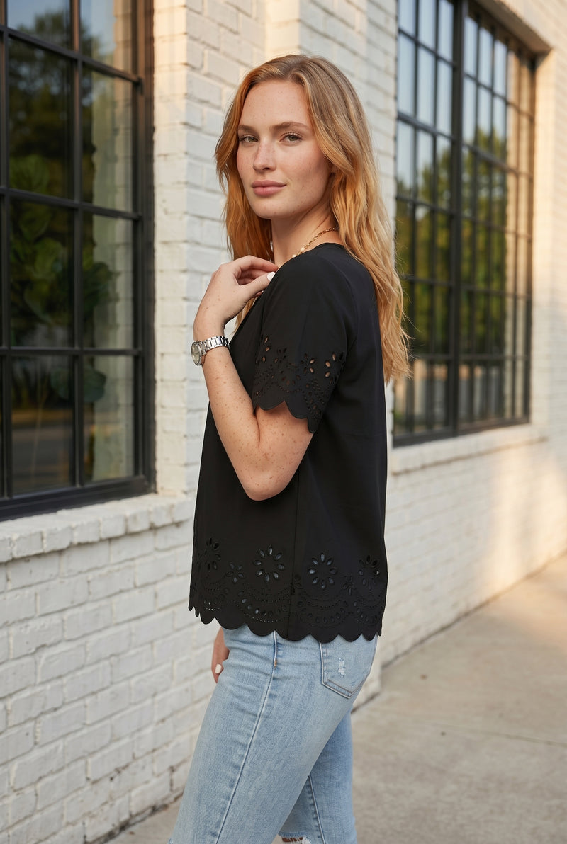 Short Sleeve Crew Neck Embroidered Top in black – photo 3