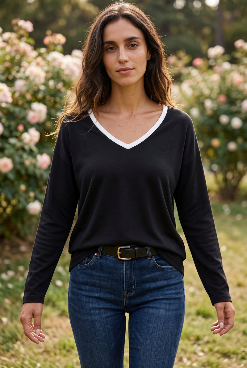 Black Long Sleeve V Neck Top with Contrast Trim – photo 5