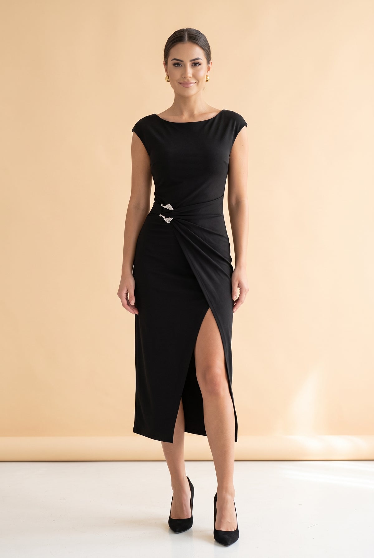 Black Midi Dress with Ruched Side and Slit