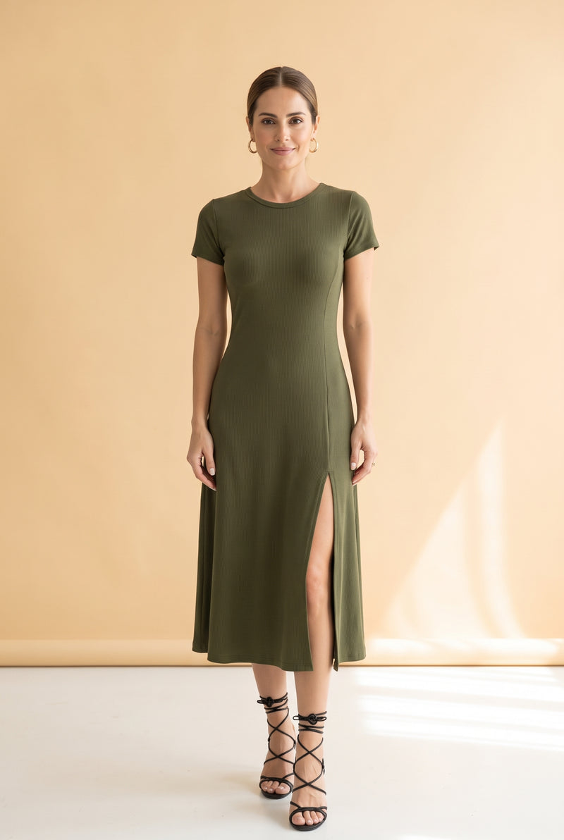 Short Sleeve Crew Neck Midi Dress with Slit in green