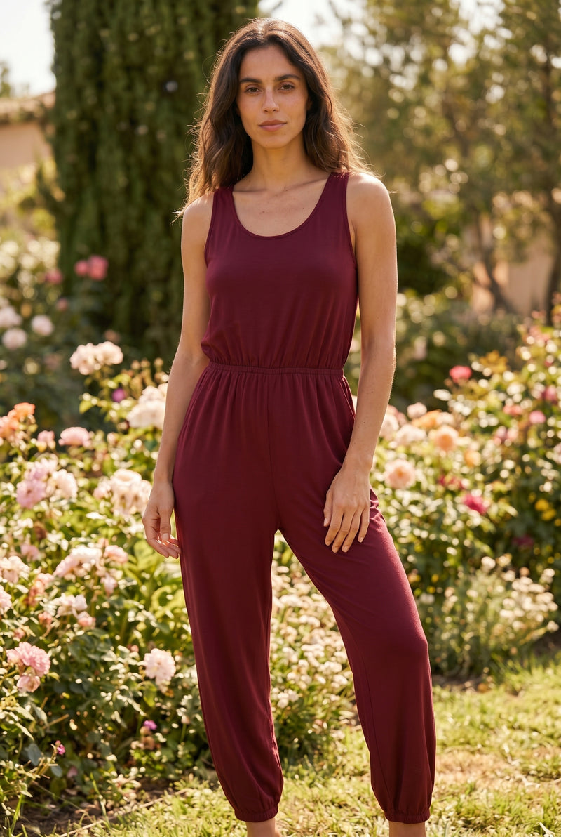 Strappy Round Neck Viscose Jumpsuit in burgundy