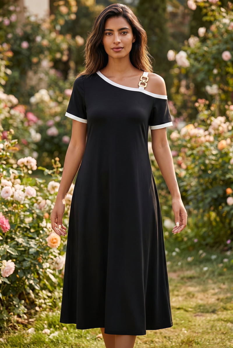 One-Shoulder Viscose A-Line Midi Dress in black – photo 3