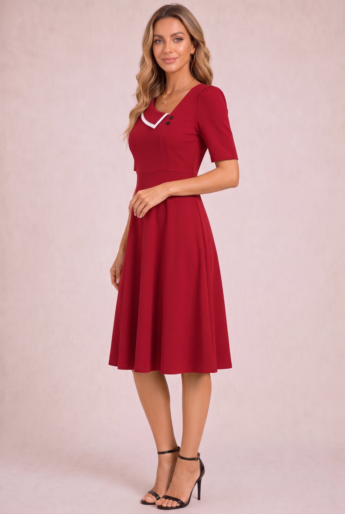 Short Sleeve Asymmetric Neck Midi Dress in red – photo 2