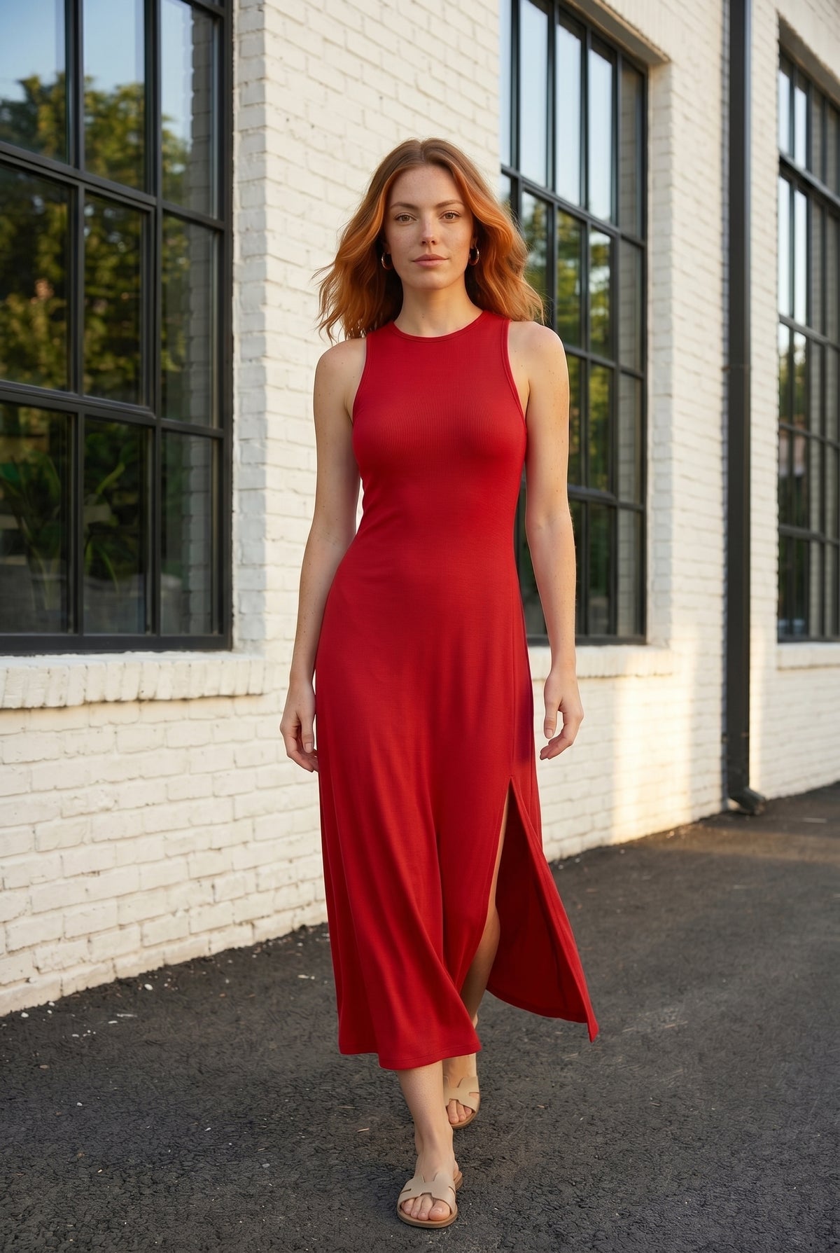 Neckholder-Midikleid aus Viskose mit Schlitz in Rot – Foto 2