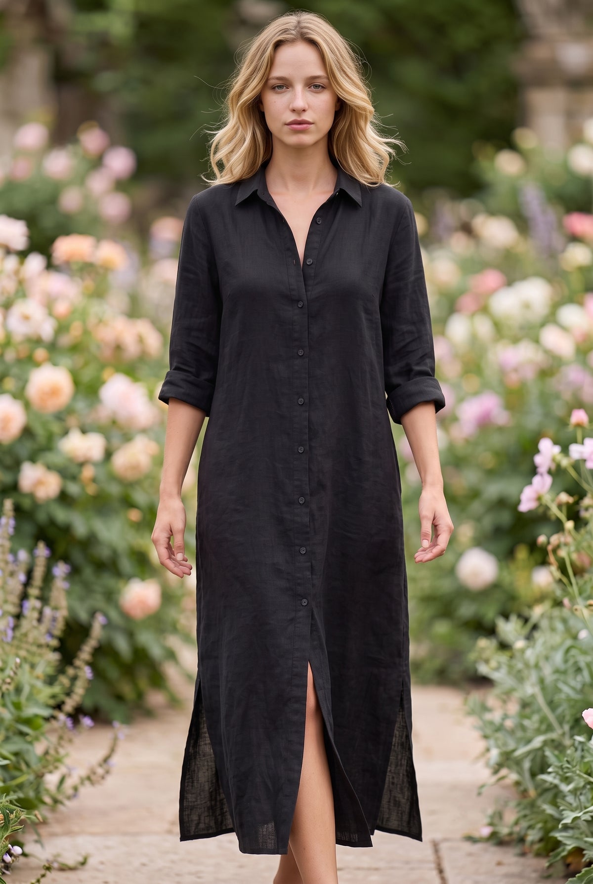 Langes Leinenkleid mit Kragen und Knopfleiste in Schwarz – Foto 3