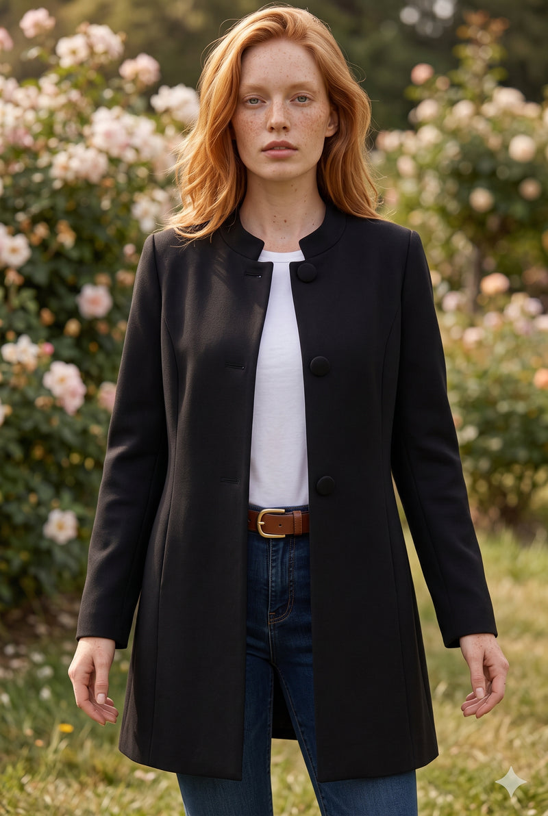 Black Buttoned Coat with Stand Collar – photo 5