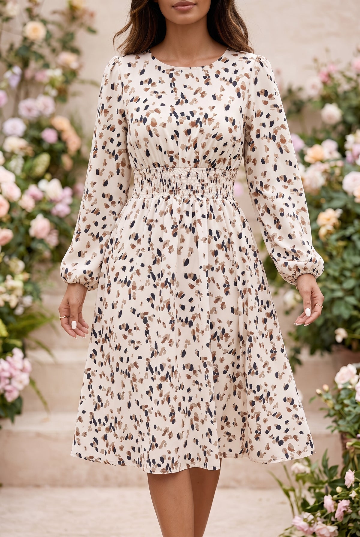 Leopard Print Long Sleeve Midi Dress in beige – photo 3