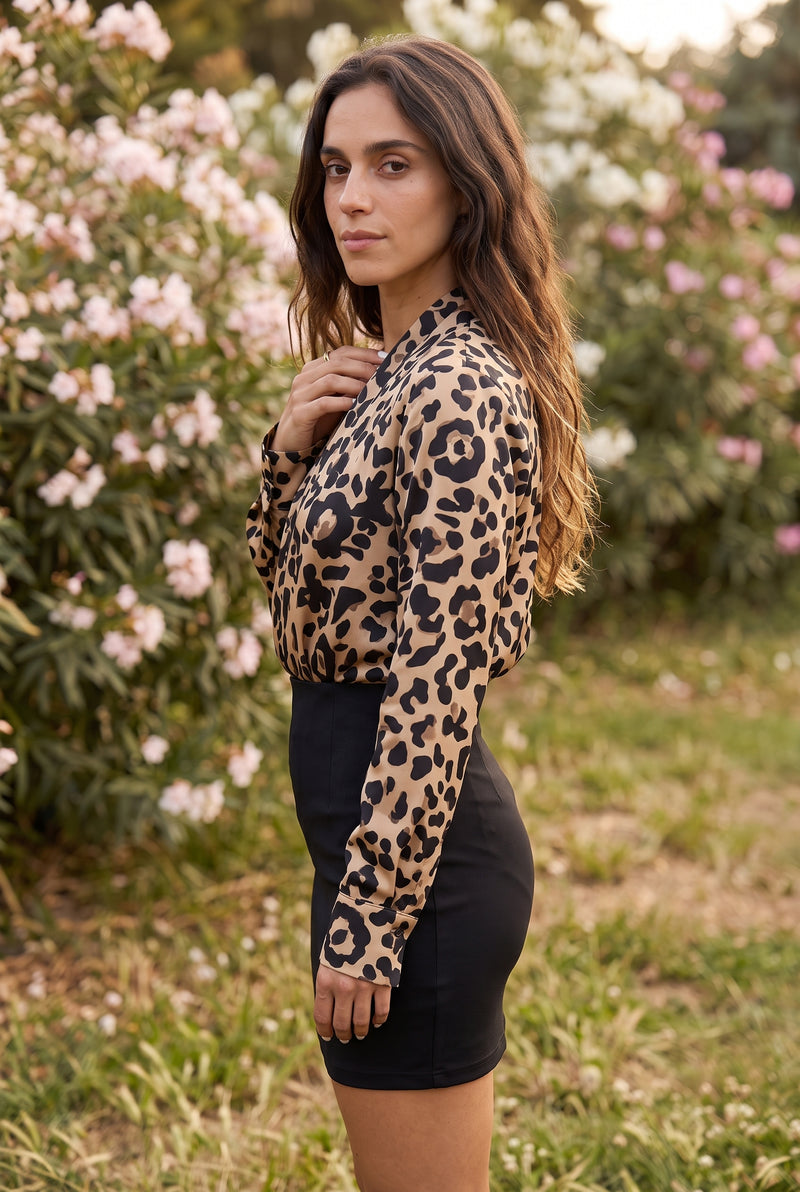 Leopard Print Wrap Long Sleeve Mini Dress in black – photo 2