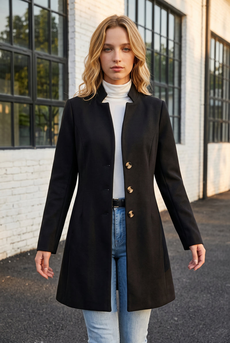 Black Buttoned Coat with Mandarin Collar and Long Sleeves – photo 5