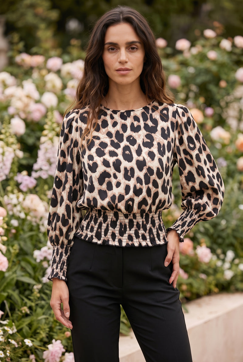 Leopard Print Long Sleeve Top with Smocked Waist – photo 4