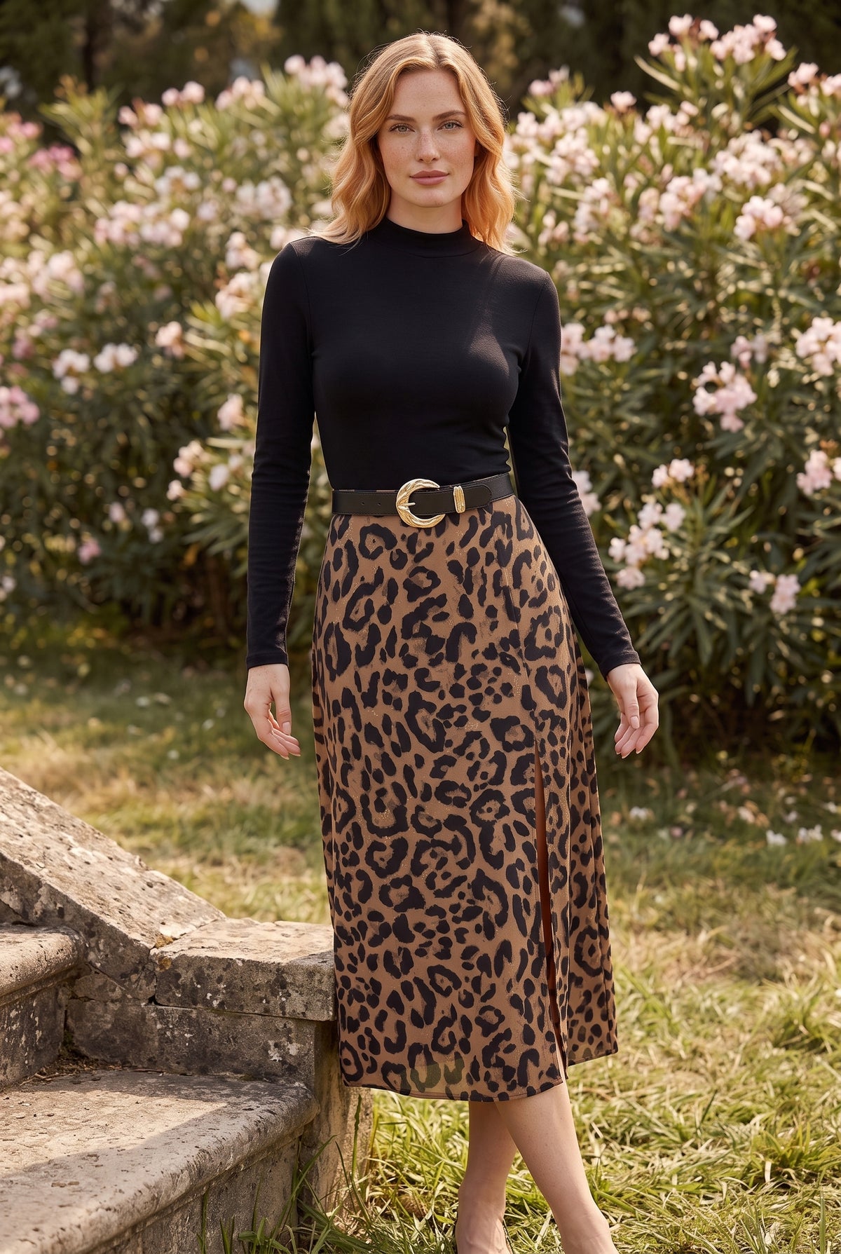 Leopard Print Midi Skirt with Slit and Belt in black