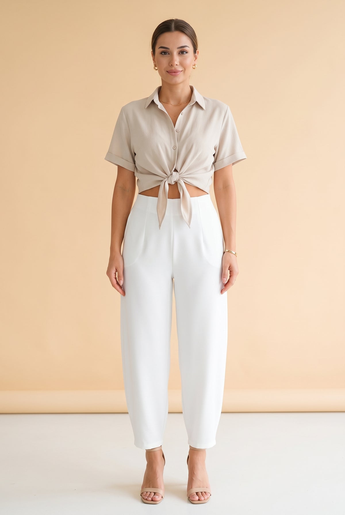 High Waisted Crepe Wide Leg Trousers in white