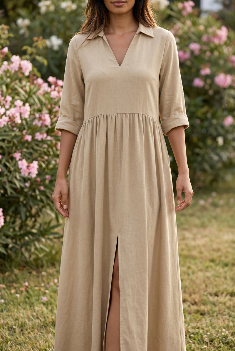 Maxikleid mit Kragen und 3/4-Ärmeln in Beige – Foto 4