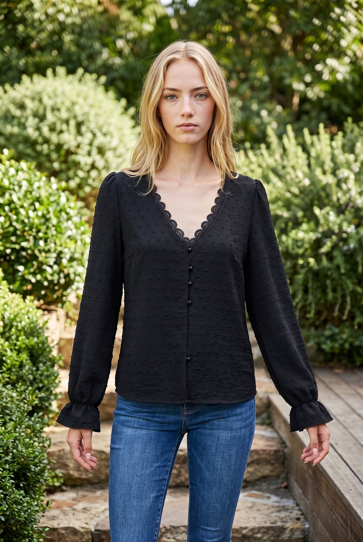 Long Sleeve V Neck Top with Lace Trim in black – photo 5