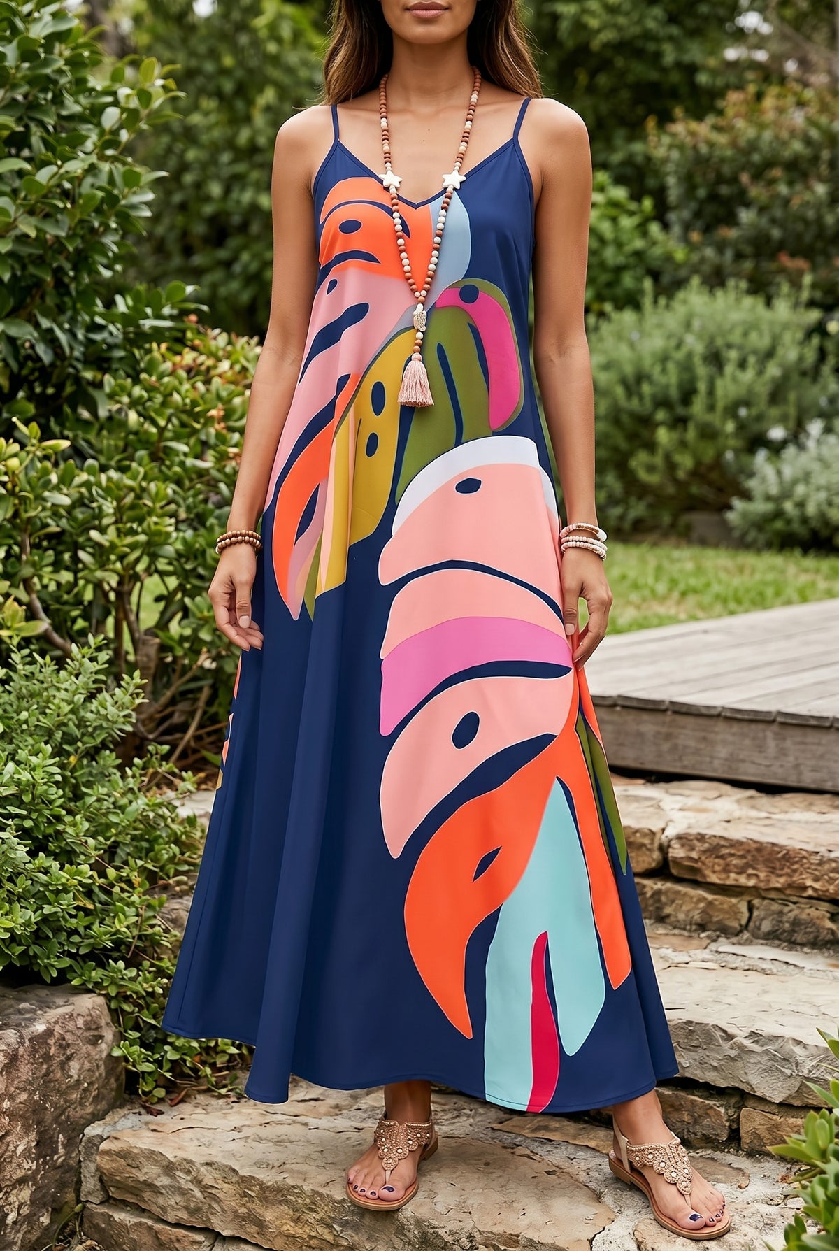 Maxikleid mit V-Ausschnitt und abstraktem Blätterdruck in Marine – Foto 5