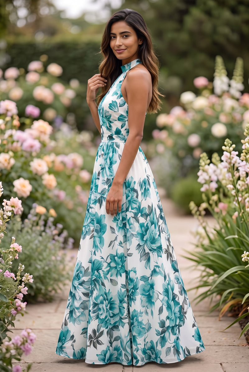 Maxikleid mit Blumenmuster und Neckholder in Grün – Foto 2