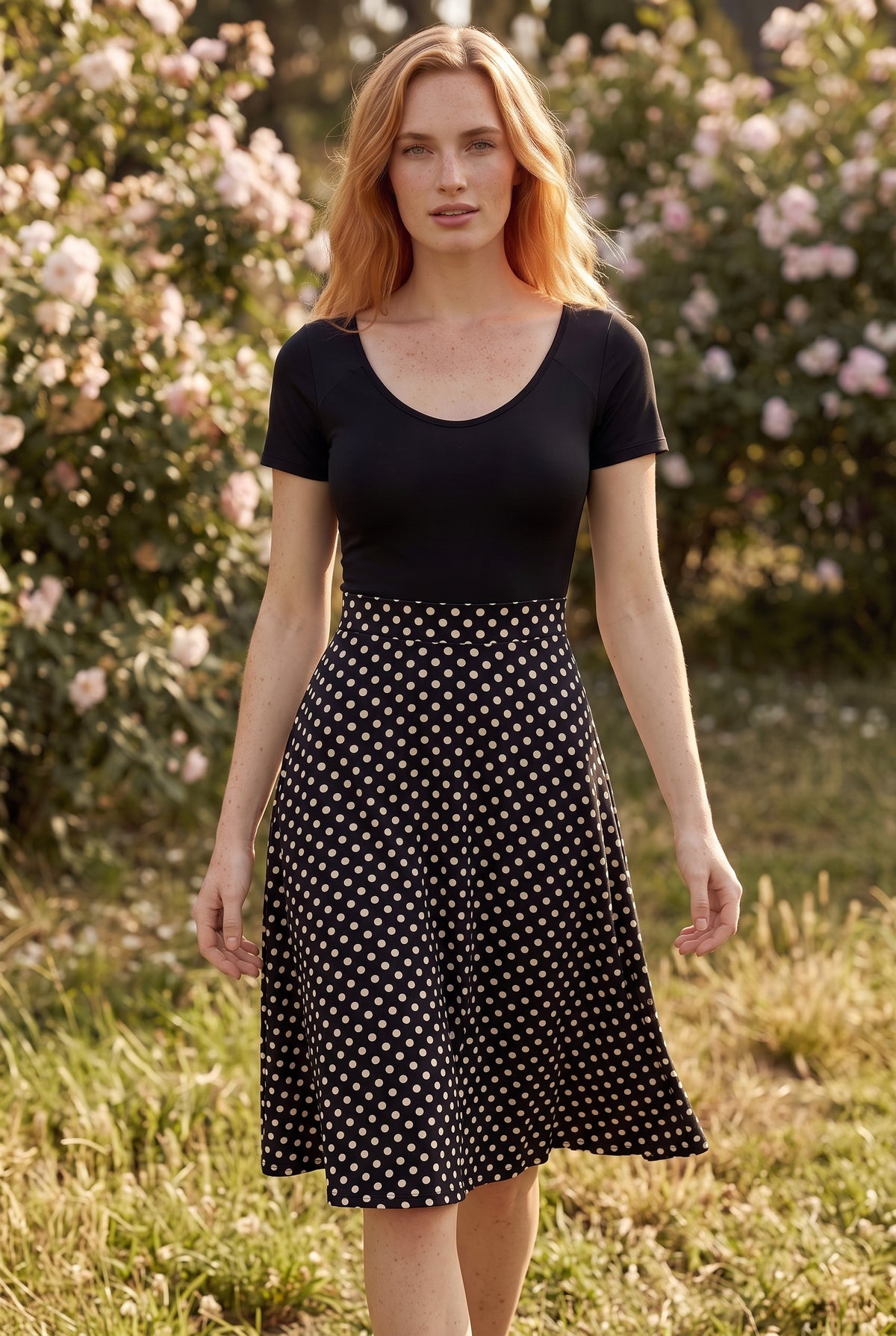 A-Linie Minikleid mit V-Ausschnitt und Polka Dots in Schwarz – Foto 3