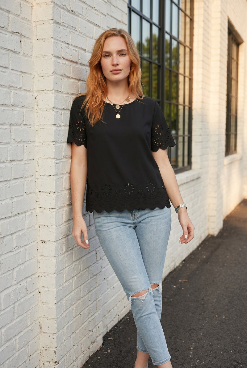 Short Sleeve Crew Neck Embroidered Top in black – photo 4